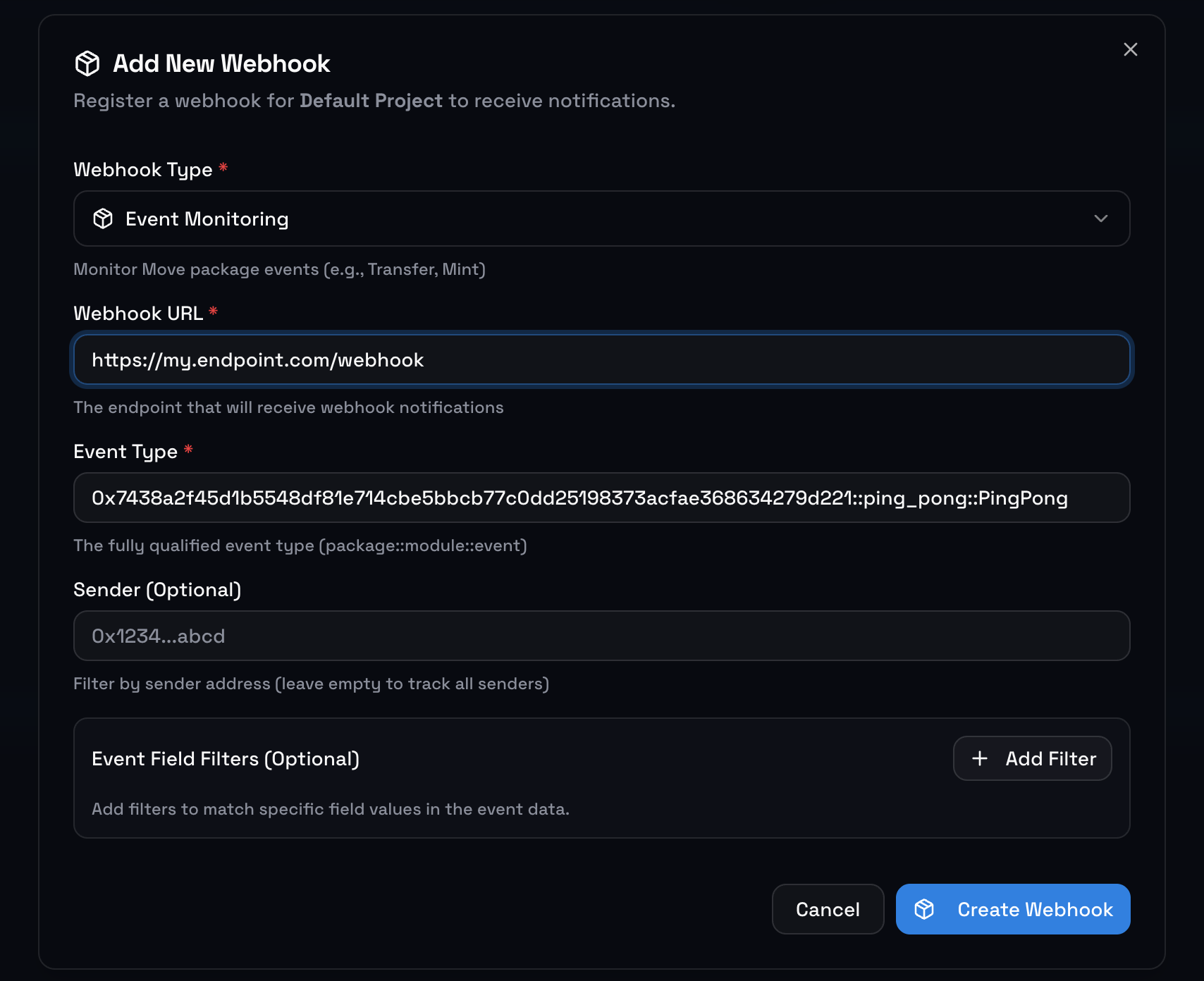 Creating an event subscription in the dashboard