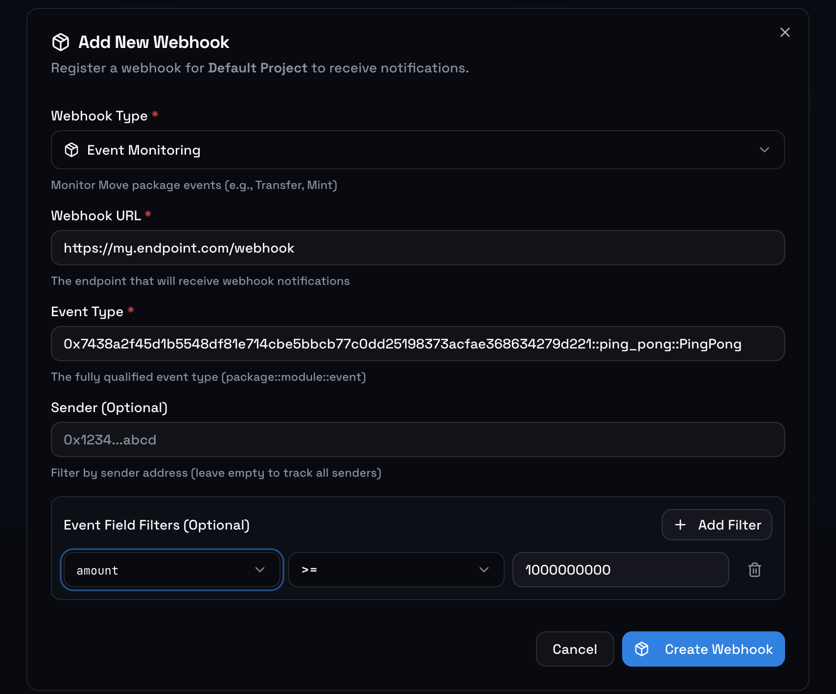 Setting up field filters to only receive events where amount > 1 SUI
